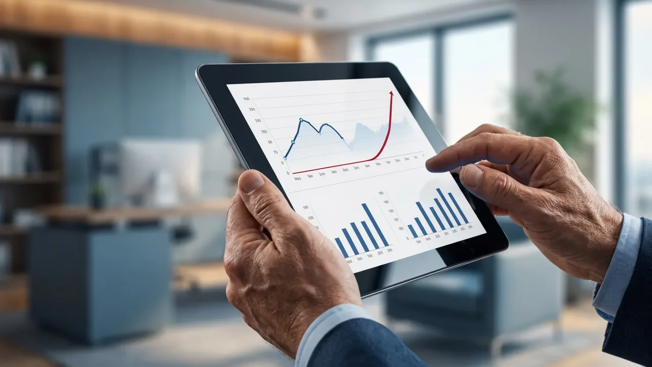 Analyse der Gehalts-Benchmarks 2026 auf einem Tablet – Datengestützte Karriereplanung.
